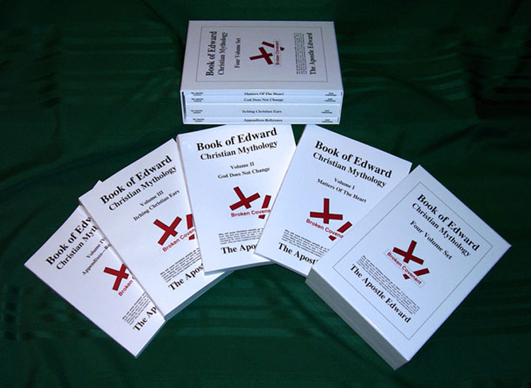 <Photo image of Apostle Edward's BOOK OF EDWARD showing all four volumes and the slipcase to hold them.>